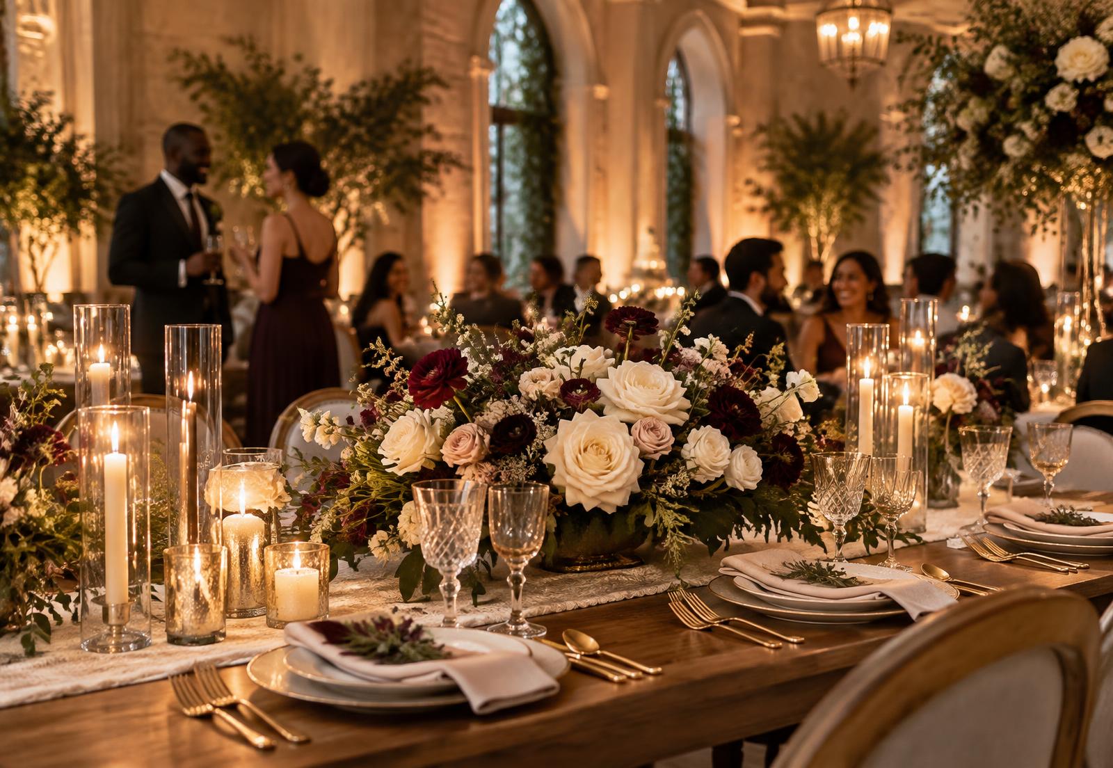 Elegant reception table with ivory and plum florals at a warm evening celebration